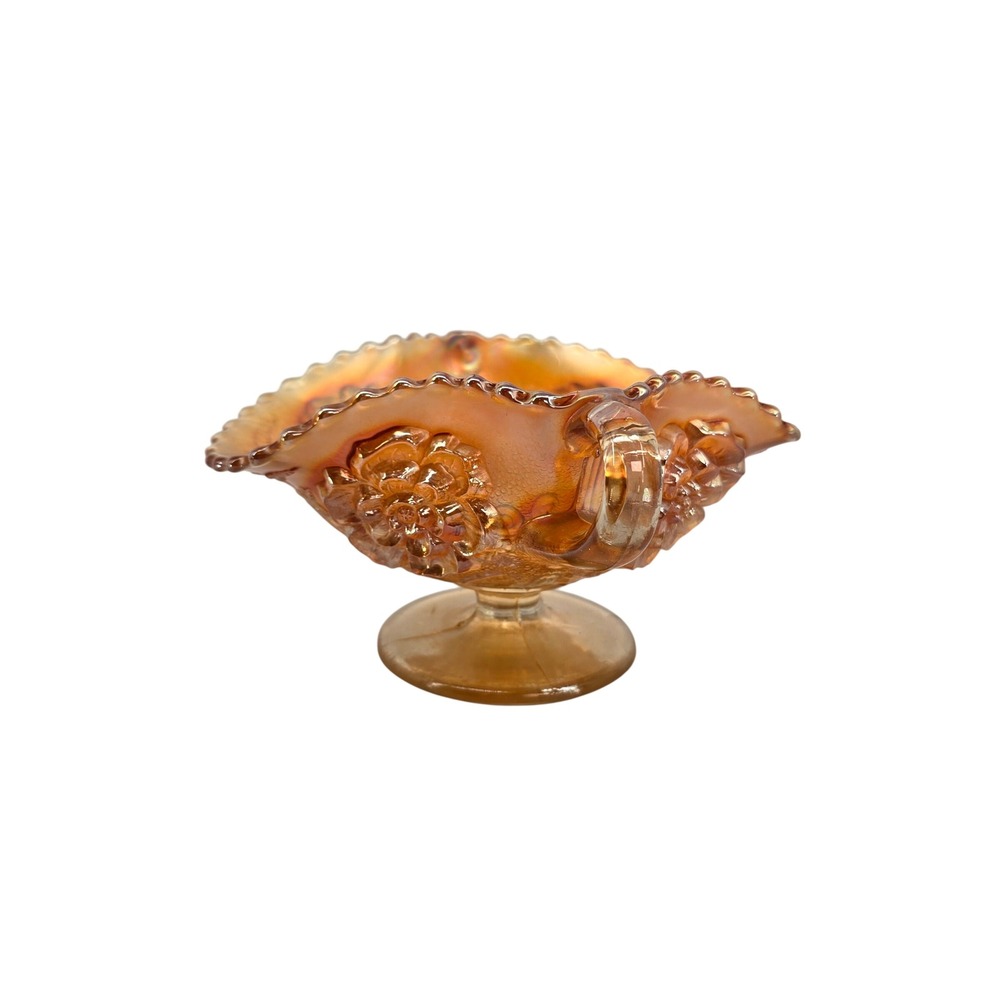 Vintage Marigold Carnival Glass Candy Dish Iridescent Floral Bonbon Bowl Handle